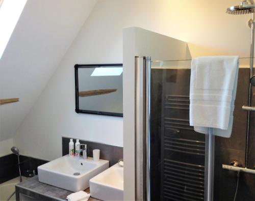 a bathroom with a sink and a shower at Hameau de la Fausse Sauge in Mézilles