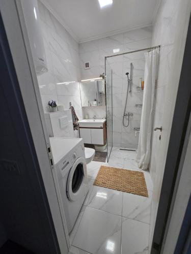 a white bathroom with a washing machine and a shower at apartman Dalas Star Dojran in Star Dojran