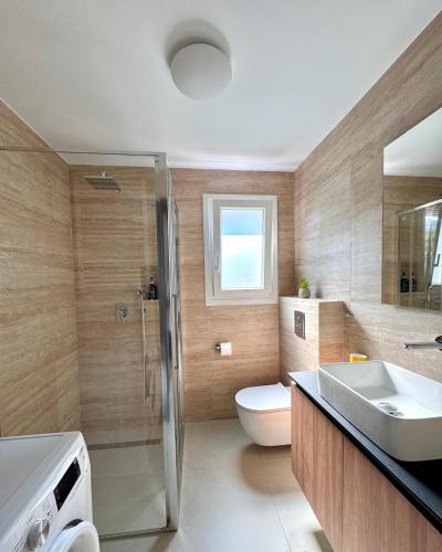 ein Badezimmer mit Toilette, Waschbecken und Dusche in der Unterkunft Elea residence in Elaiokhórion