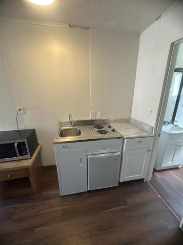 a white kitchen with a sink and a counter top at Union Avenue Motel in Portland