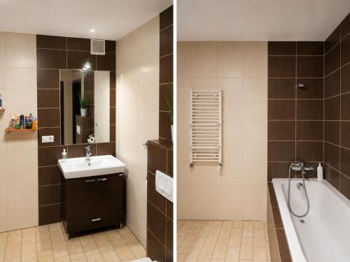 two pictures of a bathroom with a sink and a tub at Noclegi na winnicy in Dys