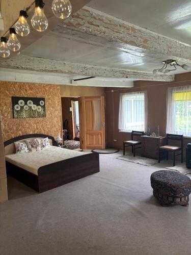 a large bedroom with a bed and a desk and chairs at Stovyklavietė Dauba in Šyliai