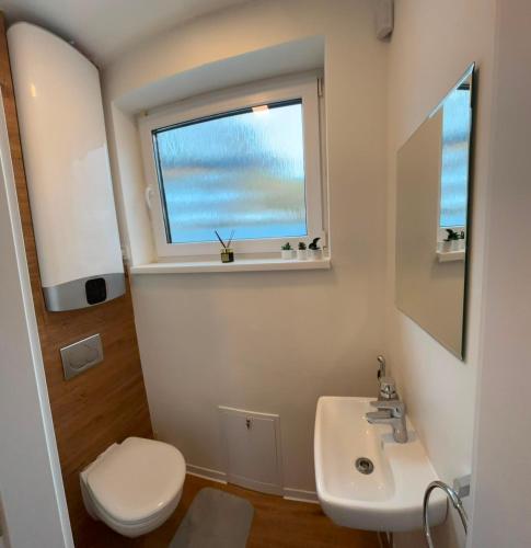 a bathroom with a sink and a toilet and a window at Apartmán Kutička in Prešov