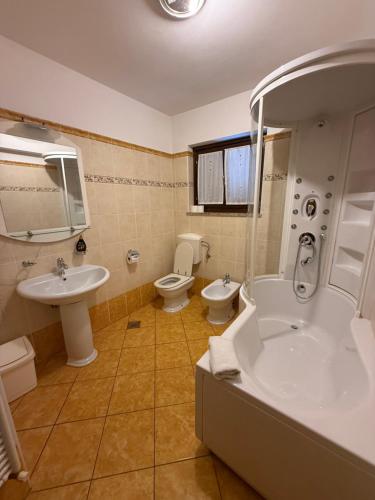 a bathroom with a sink and a tub and a toilet at Turistična kmetija Birsa in Dobravlje