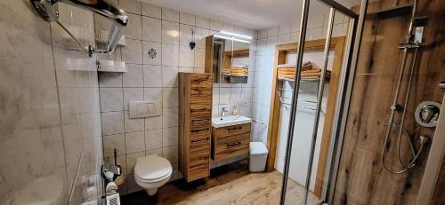a bathroom with a toilet and a sink and a shower at Schattaugut in Eben im Pongau