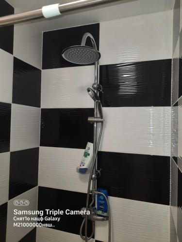 a shower in a bathroom with black and white stripes at Pokoi dwuosobowy in Włodawa