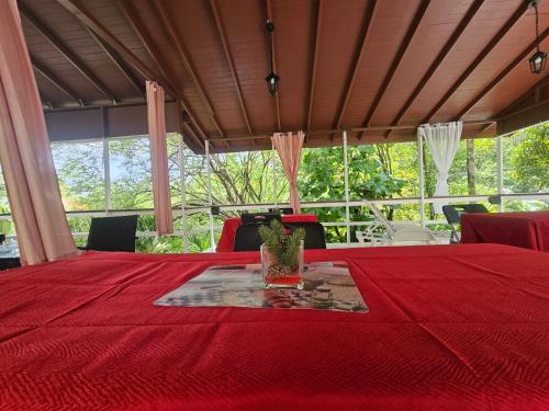a red table with a vase on top of it at Royal Escape - 1 in Anse La Raye