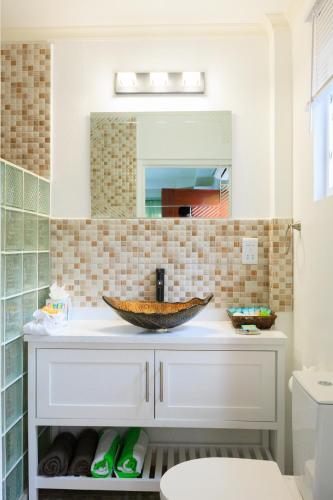 a bathroom with a counter with a sink and a mirror at Agape Suites-Room 2-Ground Floor in Soufrière
