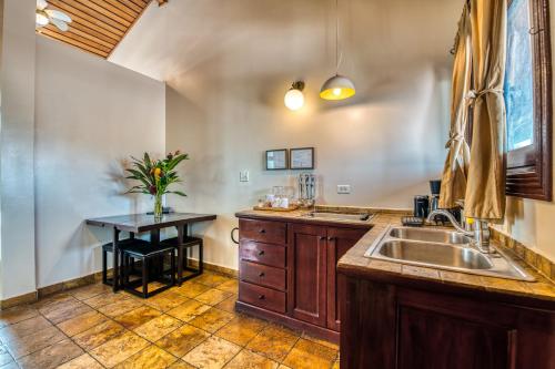 a kitchen with a sink and a table at Hotel Palma Royale in Bocas Town