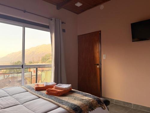 a bedroom with a bed and a large window at Usina Elias in Tilcara