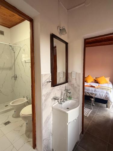 a bathroom with a sink and a toilet and a mirror at Usina Elias in Tilcara