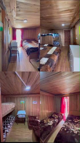 a collage of four pictures of a room with beds at Gomismta Golden Hour Cottages in Gomi