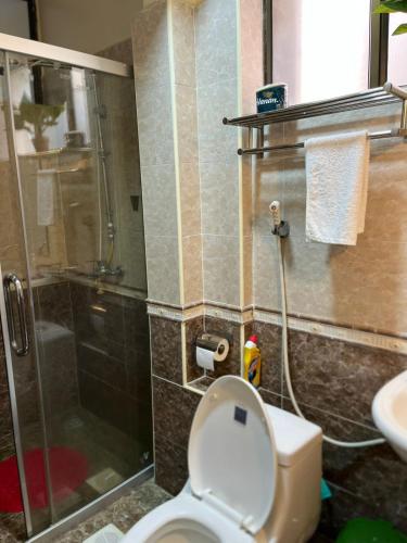 a bathroom with a shower and a toilet and a sink at Floma Homes in Nairobi
