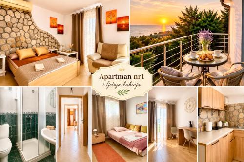 a collage of photos of a apartment with a balcony at Villa Radis in Dobra Voda