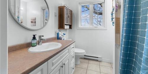 a bathroom with a sink and a toilet and a mirror at Cue & couch retreat in Dieppe