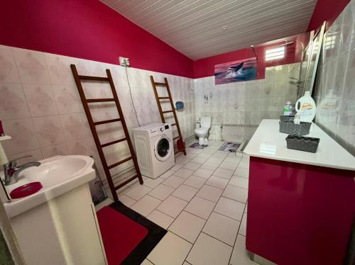 a bathroom with a sink and a washing machine at Villa LA SUZANNA in Pointe-Noire