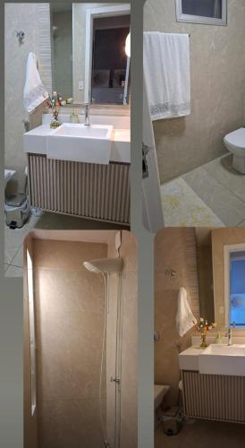 two pictures of a bathroom with a sink and a shower at Flat Praia da Costa in Vila Velha