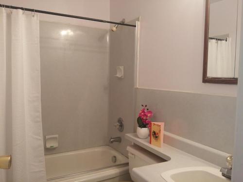 La salle de bains est pourvue d'une douche, de toilettes et d'un lavabo. dans l'établissement Winnipeg Homestay, à Winnipeg