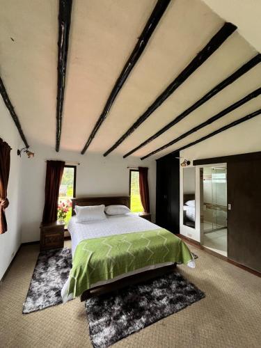 a bedroom with a bed with a green comforter at Cabaña La Colina in Sutatausa