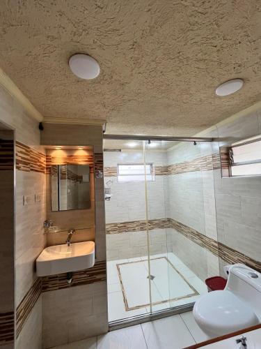 a bathroom with a shower and a sink and a toilet at Cabaña La Colina in Sutatausa
