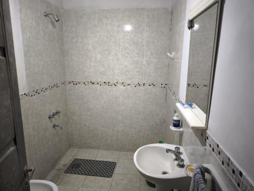 a bathroom with a shower and a sink and a toilet at Quincho Ruben in La Rioja