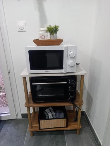 a microwave sitting on a stand with a toaster oven at Studio cosy Boulazac in Boulazac