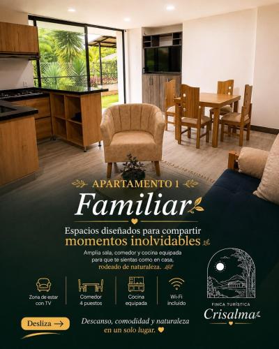 a flyer for an apartment construction firm with a living room at crisalma 2 in La Tebaida