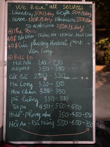 a chalkboard sign with numbers on it at Viet Anh Homestay in Ninh Binh
