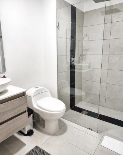 a white bathroom with a toilet and a shower at Apartamento Armenia in Armenia