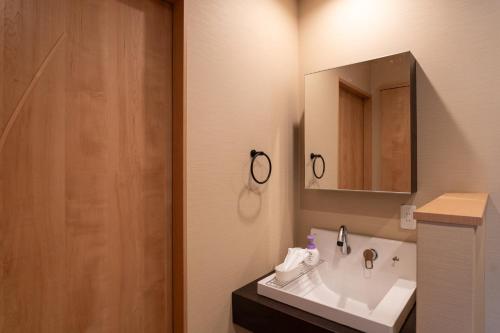 a bathroom with a sink and a mirror at Tiny House Iyashirochi Kaze in Miyoshi