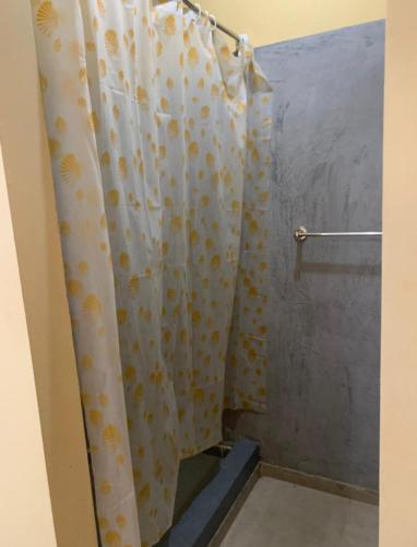 a shower with a shower curtain in a bathroom at Immeuble carrefour 2 in Ngaparou