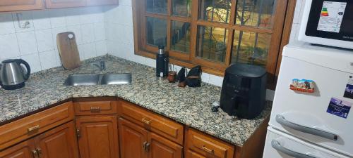 a kitchen counter with a sink and a refrigerator at Avellaneda in Mendoza