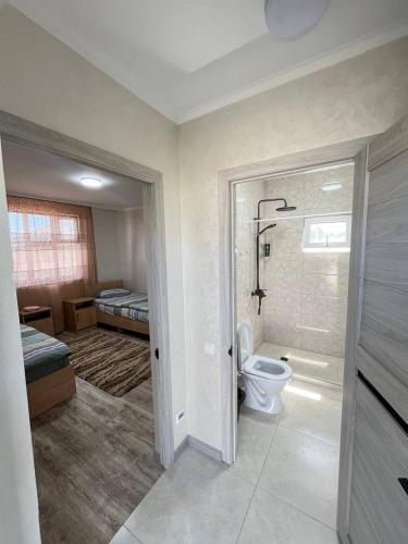 a bathroom with a shower and a toilet in a room at Kabyl Guest House in Tossor