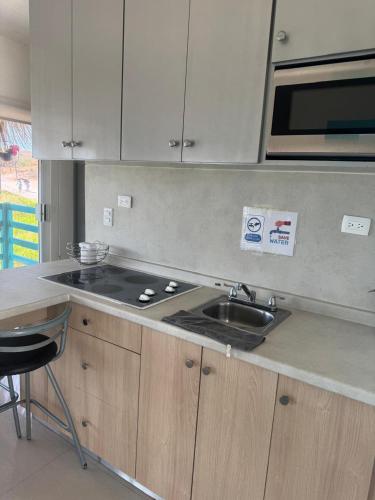 a kitchen counter with a sink and a stove at DEPARTAMENTO SOL Y MAR in San Carlos