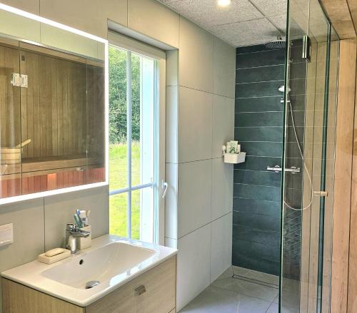 a bathroom with a sink and a glass shower at Väänavilla Romantic Getaway in Vääna-Jõesuu