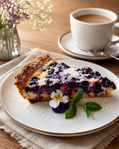 ein Teller mit einem Stück Kuchen und einer Tasse Kaffee in der Unterkunft Rosgarden in Hallstavik
