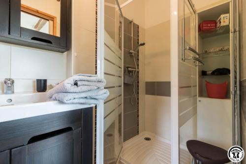 a bathroom with a shower and a sink at Framboisine in Cazères