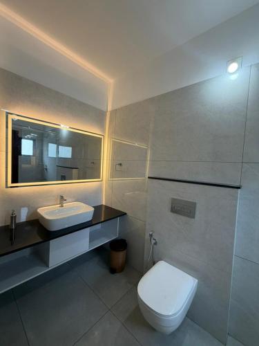 a bathroom with a toilet and a sink at Aamys Home in Kalpetta