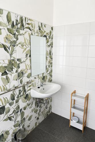 a bathroom with a sink and a mirror at Joe's Place Self-Catering in Windhoek