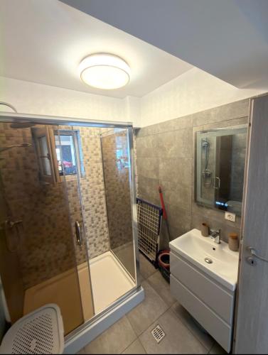 a bathroom with a shower and a sink at Cajara Home in Bucharest