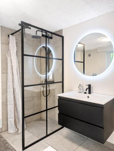 a bathroom with a shower and a sink at Quiet and charming studio apartment in Vejle