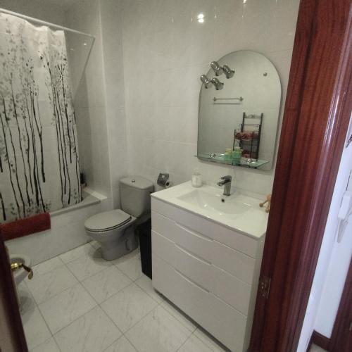 a bathroom with a sink and a toilet and a mirror at Atico en Ajo Cantabria in Ajo
