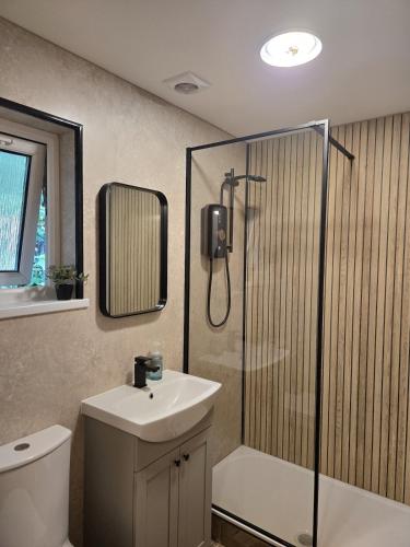 a bathroom with a shower and a toilet and a sink at Cosy Moat House Cottage #2 in Pembroke