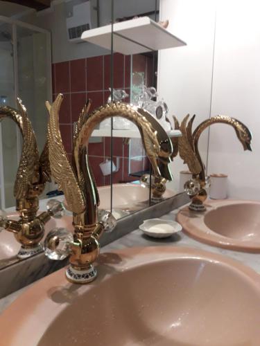 a bathroom sink with gold faucets and a mirror at Gîte Le Pont du Soleil in Hyds