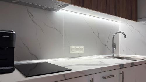 a kitchen with a sink and a mirror above it at Magdalena Elegant Studios in Neoi Epivates