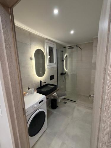 a bathroom with a washing machine and a shower at HOME stay in Itea