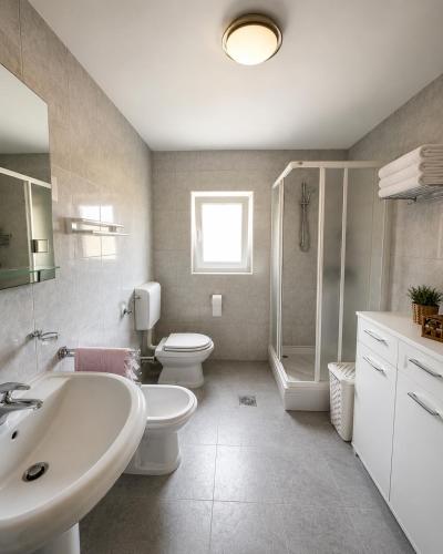 a bathroom with a sink and a toilet and a shower at Apartman Batelan in Brseč