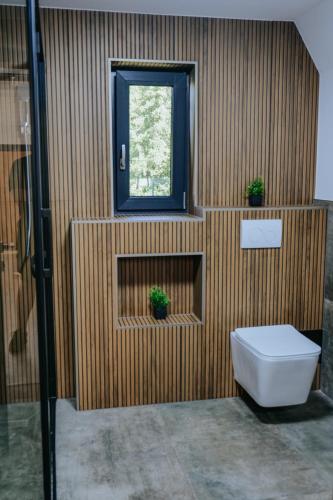 a bathroom with a toilet and a window at Diamond Hill Houses in Praid
