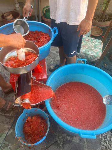 two buckets of red sauce being poured into a pot at Clinica apartments in Bologna