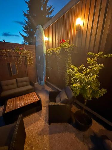 a patio with a bench and a potted plant at Namiņš in Ragaciems